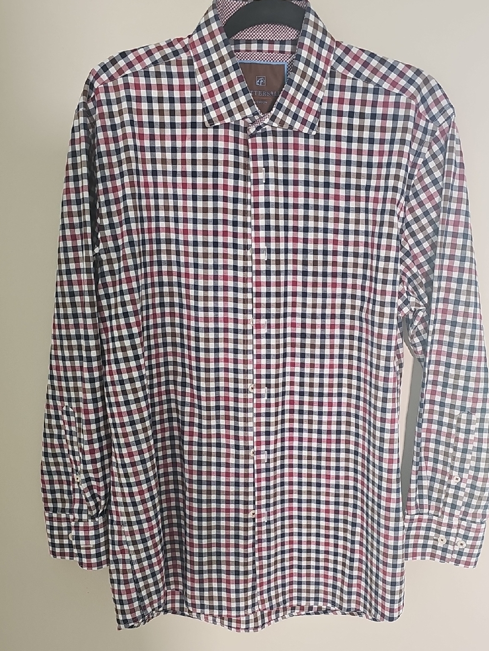 Tattersall London Check Button Down Mens Size 16.5 32/33 Red Navy Cotton Shirt